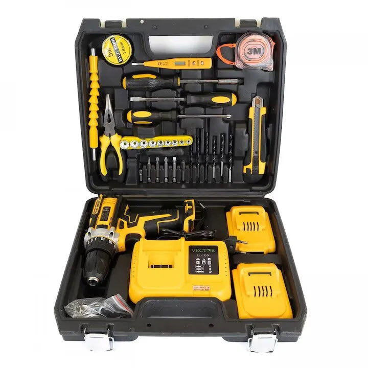 Mașină de Găurit și Înșurubat cu Percuție 48V, 500W – Cuplu 100Nm, 2 Acumulatori, 30 Accesorii