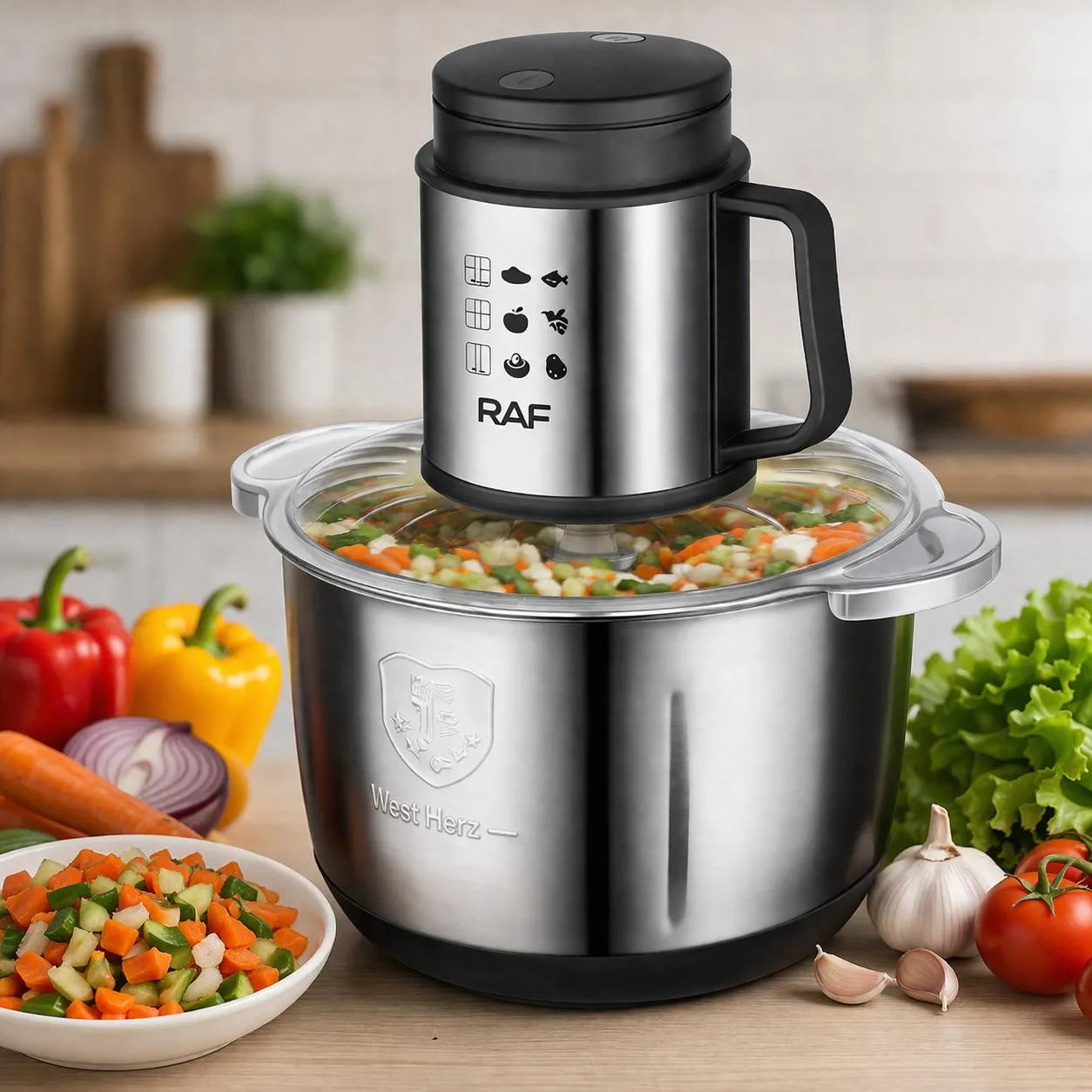 Tocător Electric Profesional RAF cu Bol Inox 5L și Lame Duble din Oțel Inoxidabil - imagine 3