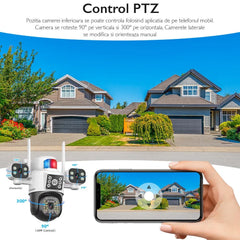 Cameră de Supraveghere Quad Wireless 20MP – Ultra HD, PTZ, Zoom 5X, Viziune Nocturnă, Comunicare Bidirecțională