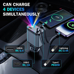 Încărcător Auto Retractabil 66W cu Starlight – Cablu USB-C + Cablu iPhone, Port USB și Port Tip-C - imagine 5
