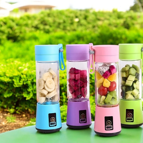 "Set de blendere portabile colorate: albastru, mov, roz și verde, ideale pentru călătorii și acasă."