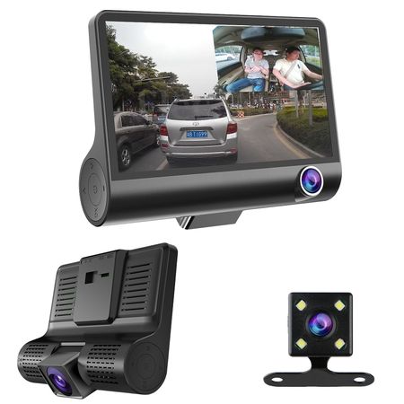 Cameră auto triplă Full HD cu ecran integrat, vizualizare față, spate și interior, dotată cu senzor G pentru protecția înregistrărilor.