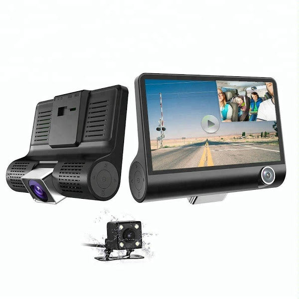 Sistem de supraveghere auto cu trei camere, ecran de 4 inch, înregistrare dublă și senzor G pentru detectarea coliziunilor.