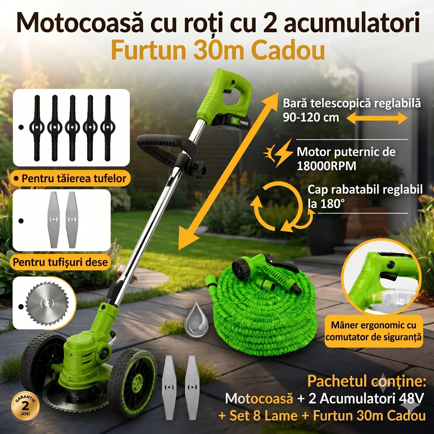 Pachet Promo Motocoasă Electrică cu Roti 2 Acumulatori 48V + Furtun 30m Cadou