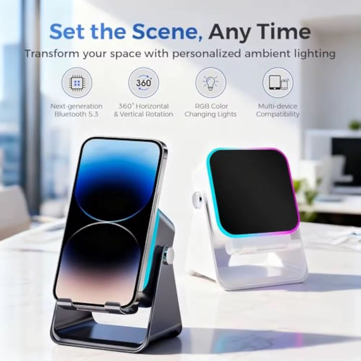 Suport de Birou pentru Telefon cu Senzor Wireless, Boxă și Lumină RGB - imagine 8