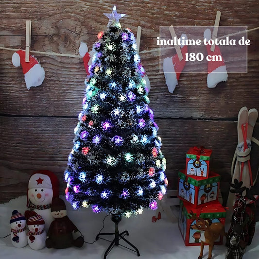 Brad de Crăciun de 180 cm iluminat cu fibră optică multicolor, decorat festiv