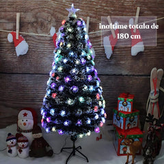 Brad de Crăciun de 180 cm iluminat cu fibră optică multicolor, decorat festiv