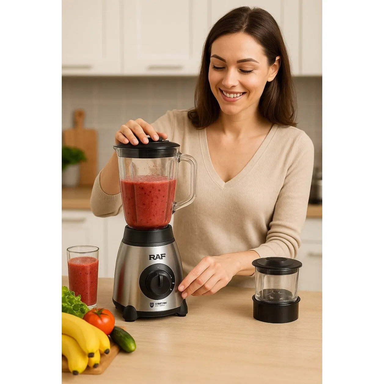 Blender Electric 3 în 1, 1000W, Vas din Sticlă 1.5L, Bol Inox și Râșniță, 2 Viteze + Pulse - imagine 5