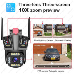 Cameră de Supraveghere Triplă WiFi 12MP Ultra HD, Zoom 5X, Rotire PTZ, Alarmă și Comunicare Bidirecțională