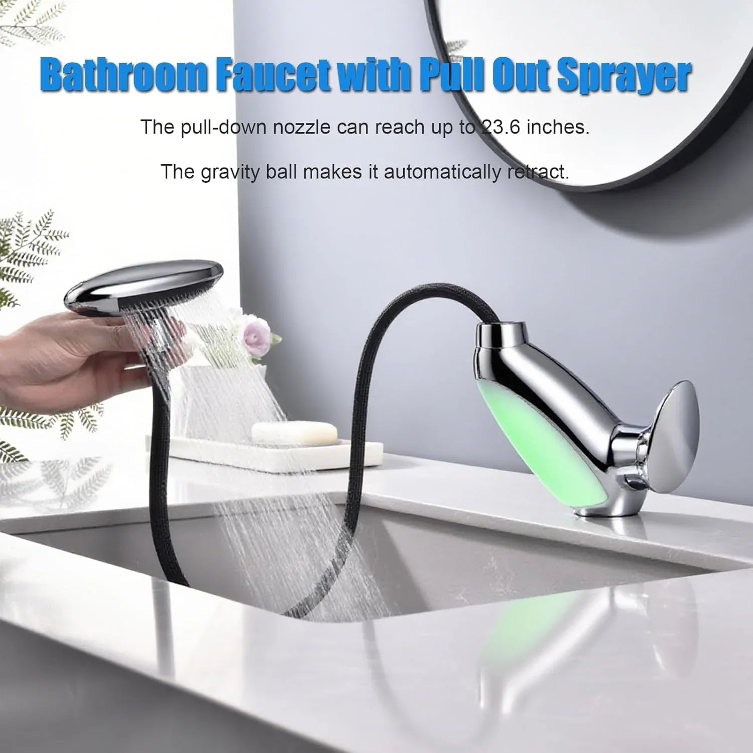 Baterie pentru Chiuvetă Baie cu 4 Moduri de Curgere, Cap Retractabil și Iluminare LED - imagine 6