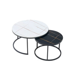 Set 2 Măsuțe Rotunde de Cafea cu Efect Marmură – Blat MDF 15 mm și Cadru Metalic