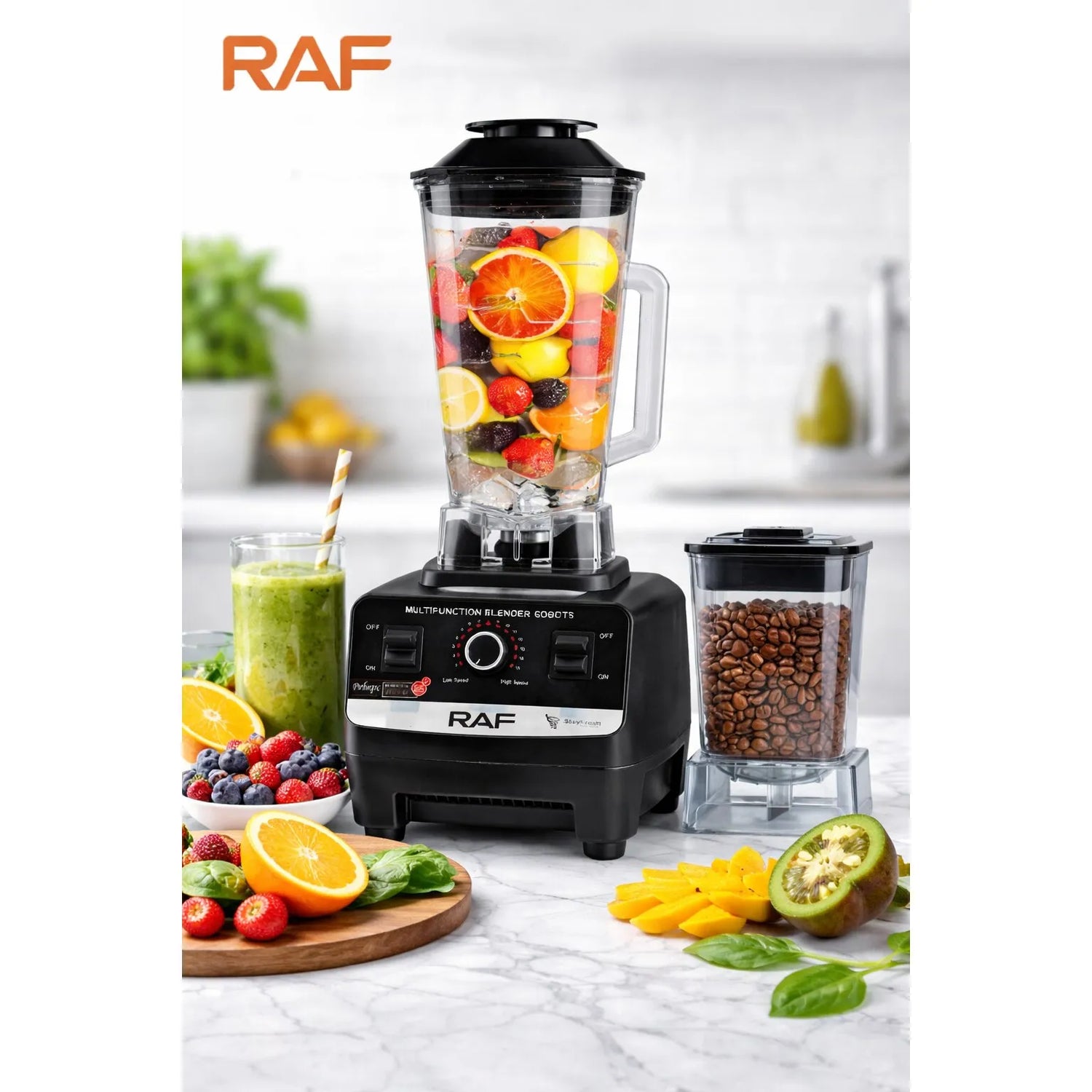 Blender Profesional 2 în 1, 2400W, Vas 2.5L, 23.000 RPM, 6 Lame din Inox, Râșniță Inclusă