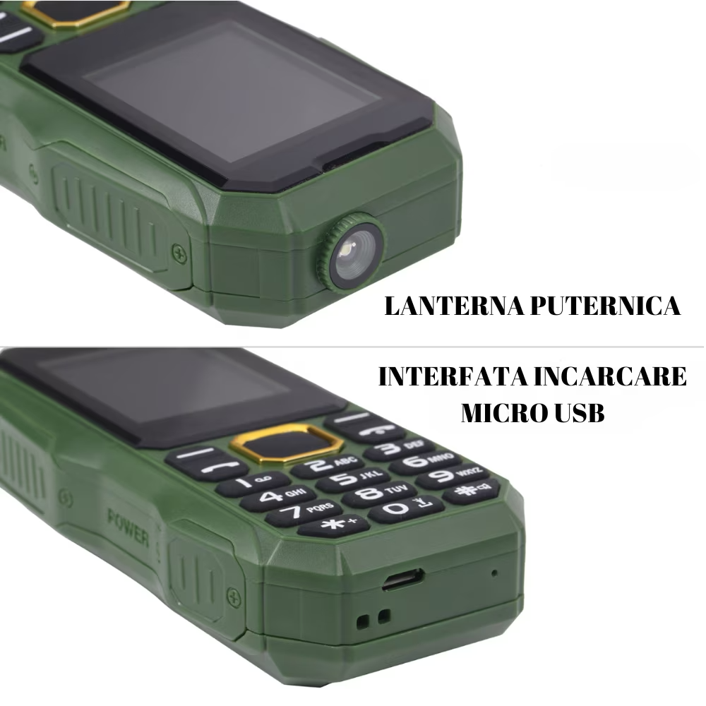 Telefon Militar Rezistent, Dual Sim, Baterie 13000 Mah, Display Color, Lanterna, Rezistent La Socuri - imagine 2