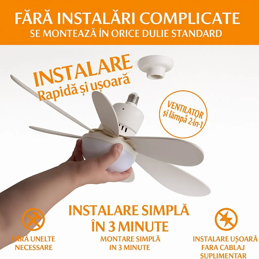 Ventilator Plafon LED 40W cu Telecomandă – 3 Viteze, Iluminare Reglabilă, Soclu E27 - imagine 5