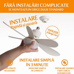 Ventilator Plafon LED 40W cu Telecomandă – 3 Viteze, Iluminare Reglabilă, Soclu E27