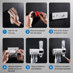 Dozator pastă de dinți cu sterilizare UV și suport periuțe