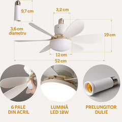 Ventilator Plafon LED 40W cu Telecomandă – 3 Viteze, Iluminare Reglabilă, Soclu E27