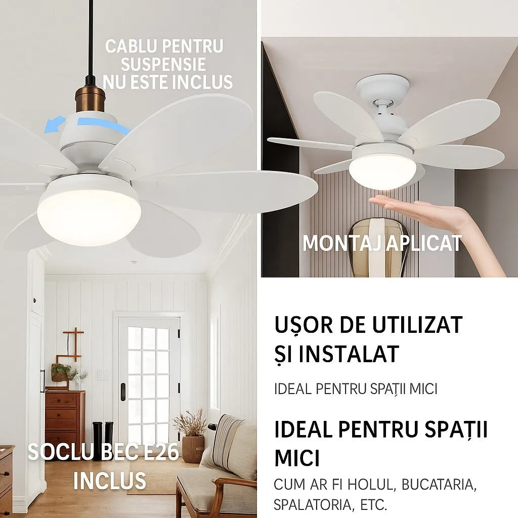 Ventilator Plafon LED 40W cu Telecomandă – 3 Viteze, Iluminare Reglabilă, Soclu E27 - imagine 7