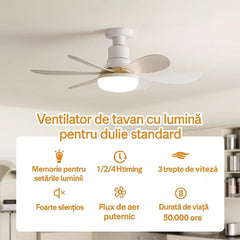 Ventilator Plafon LED 40W cu Telecomandă – 3 Viteze, Iluminare Reglabilă, Soclu E27