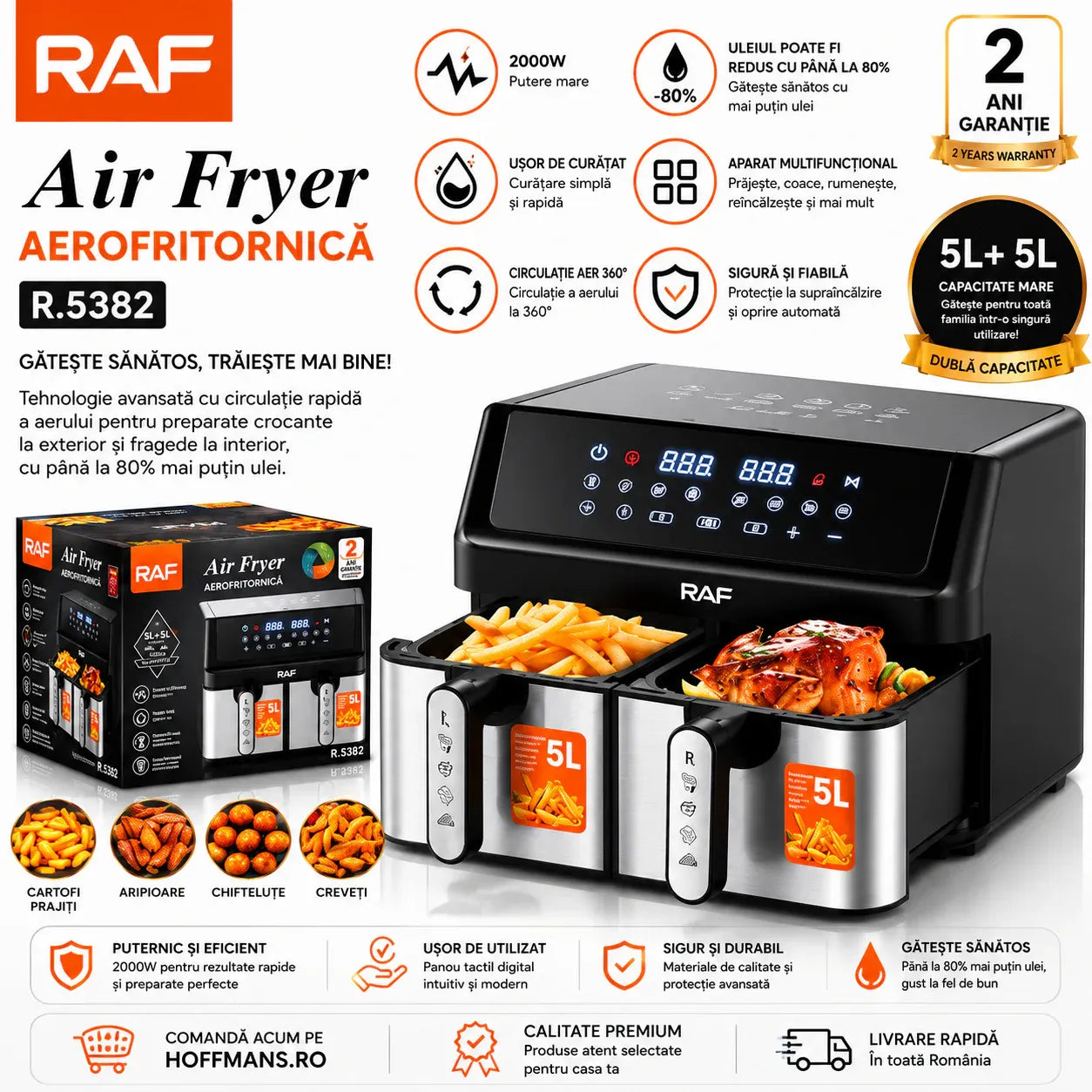 Friteuză cu Aer Cald Dual Zone 9L, 2800W, 2 Coșuri Independente 4.5L + 4.5L, Control Digital Touch