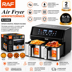Friteuză cu Aer Cald Dual Zone 9L, 2800W, 2 Coșuri Independente 4.5L + 4.5L, Control Digital Touch