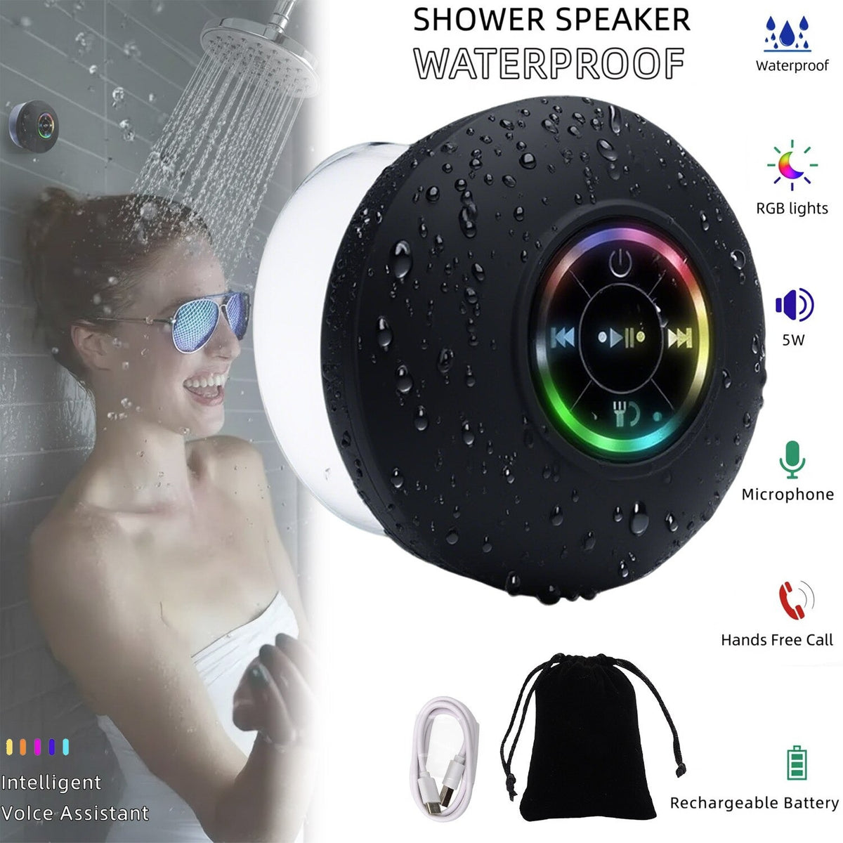 Boxă Bluetooth Impermeabilă pentru Duș cu Iluminare LED - imagine 3