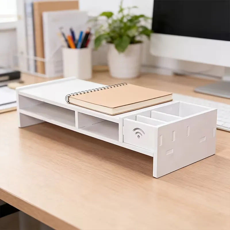 Suport monitor/laptop 49 cm cu sertar, organizator birou alb - imagine 7