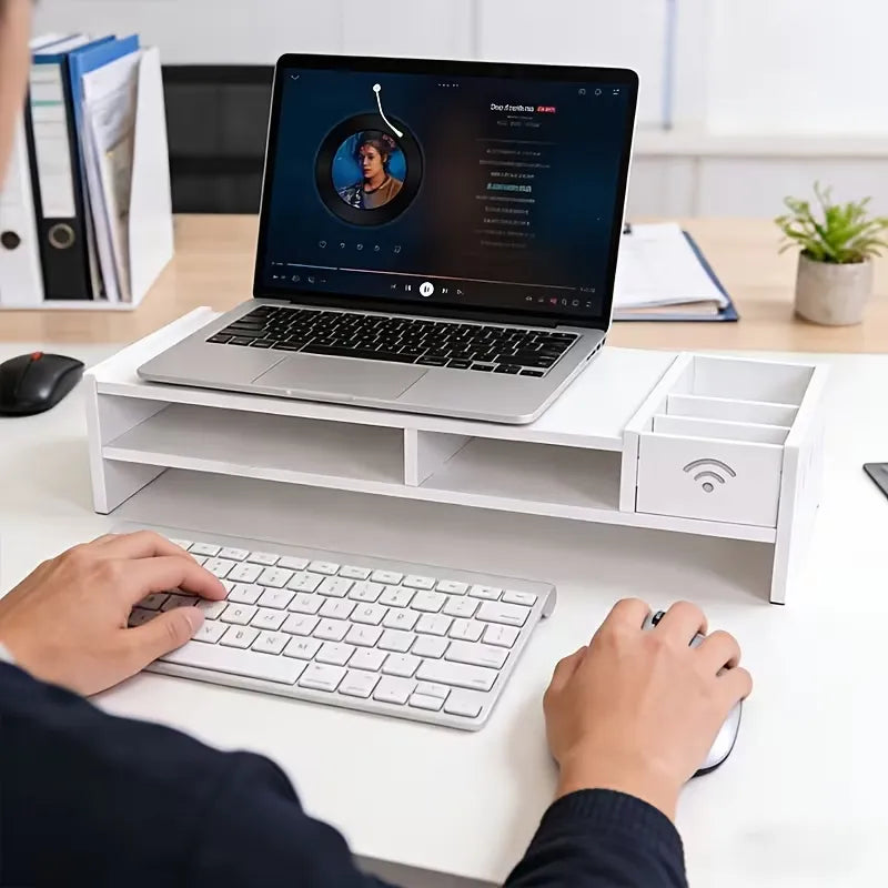 Suport monitor/laptop 49 cm cu sertar, organizator birou alb - imagine 8