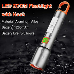 Lanternă LED Multifuncțională Reîncărcabilă – Zoom Reglabil, Încărcare Type-C, 5 Moduri Iluminare