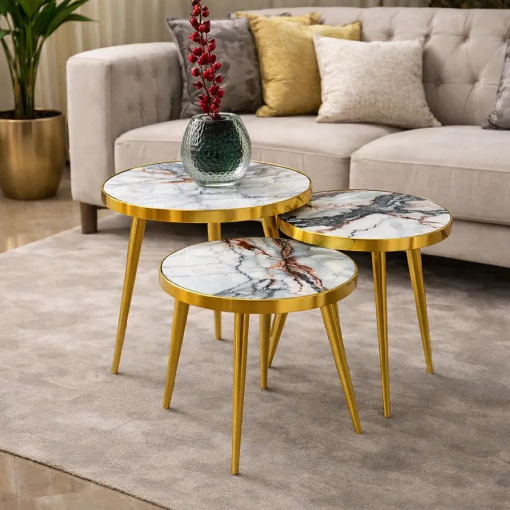 Set 3 Măsuțe de Cafea Tip Nesting – Rotunde, Alb și Auriu - imagine 3