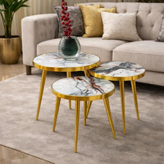 Set 3 Măsuțe de Cafea Tip Nesting – Rotunde, Alb și Auriu