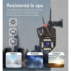Cameră de Supraveghere Triplă WiFi 12MP Ultra HD, Zoom 5X, Rotire PTZ, Alarmă și Comunicare Bidirecțională