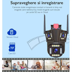 Cameră de Supraveghere Triplă WiFi 12MP Ultra HD, Zoom 5X, Rotire PTZ, Alarmă și Comunicare Bidirecțională