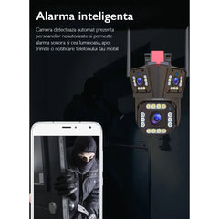 Cameră de Supraveghere Triplă WiFi 12MP Ultra HD, Zoom 5X, Rotire PTZ, Alarmă și Comunicare Bidirecțională