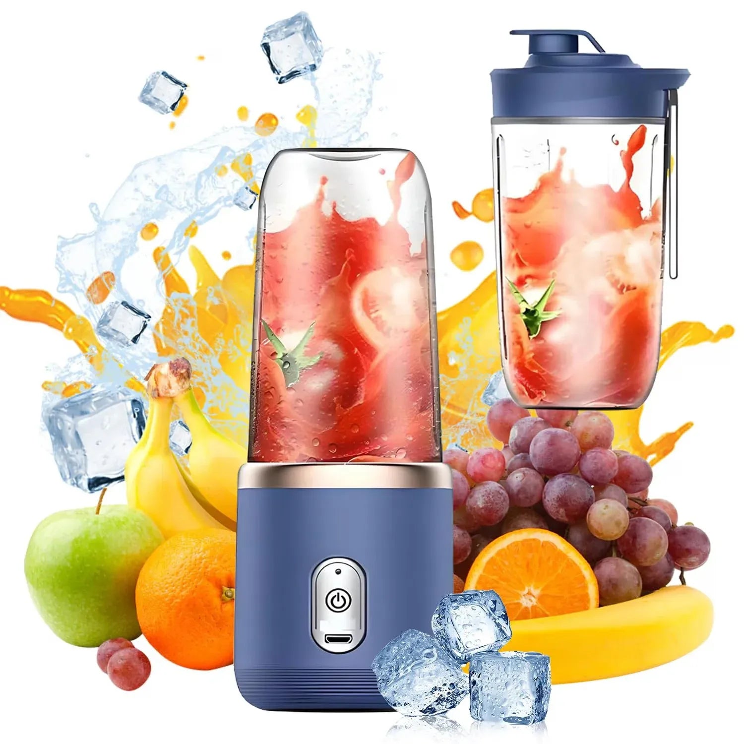 Mini Blender Portabil Electric cu Acumulator, 2 Recipiente, 6 Lame 3D, 400 ml, 40W