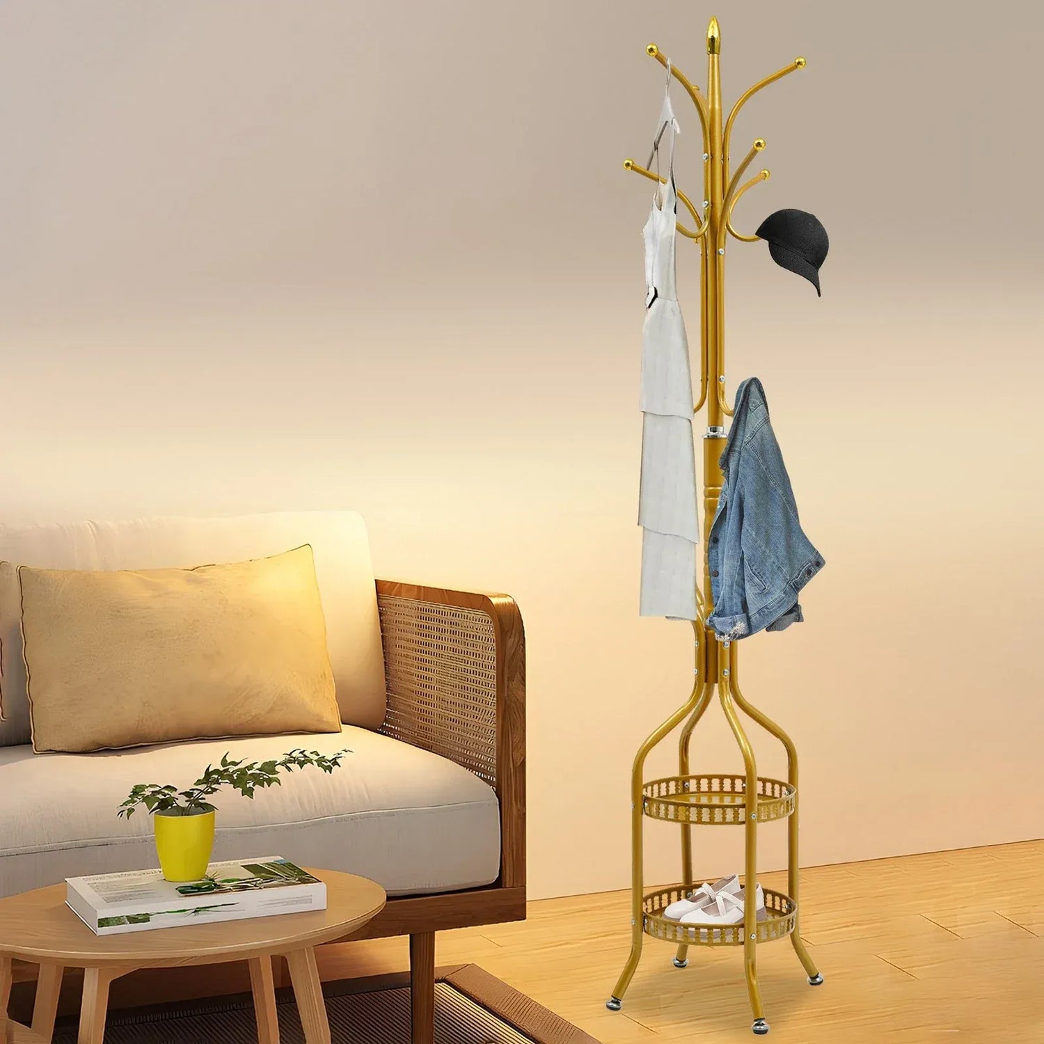 Cuier de Podea Metalic Auriu – 34 x 189 cm, cu Cârlige Multiple și 2 Rafturi de Depozitare - imagine 6