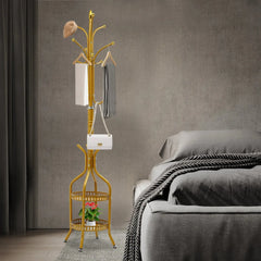 Cuier de Podea Metalic Auriu – 34 x 189 cm, cu Cârlige Multiple și 2 Rafturi de Depozitare