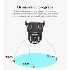 Cameră de Supraveghere Triplă WiFi 12MP Ultra HD, Zoom 5X, Rotire PTZ, Alarmă și Comunicare Bidirecțională