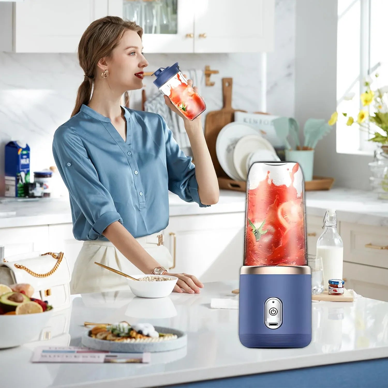 Mini Blender Portabil Electric cu Acumulator, 2 Recipiente, 6 Lame 3D, 400 ml, 40W - imagine 11