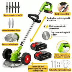 Motocoasă cu Acumulator 48V, 2 Acumulatori 4000mAh, 18.000 RPM, Roți Detașabile