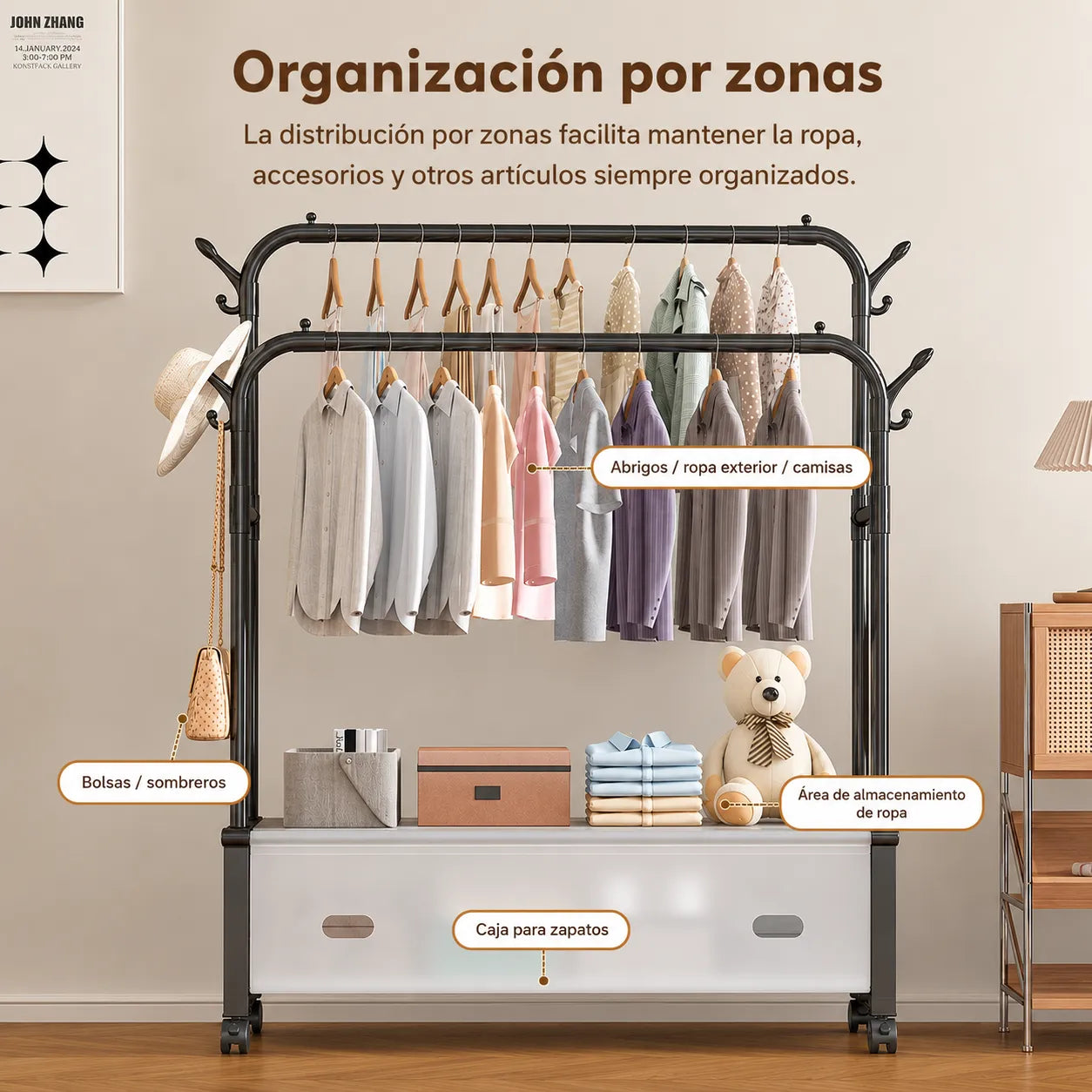 Raft Multifunctional din Metal cu Suport pentru Haine si Palarii, 3-in-1 - imagine 3