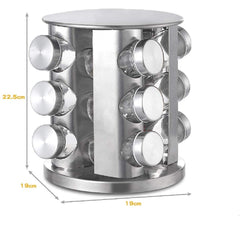 Set 12 Recipiente Condimente din Inox și Sticlă – Suport Rotativ 360°