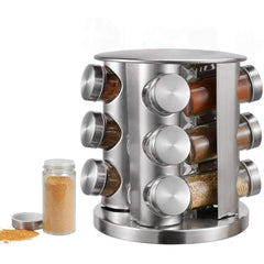 Set 12 Recipiente Condimente din Inox și Sticlă – Suport Rotativ 360°