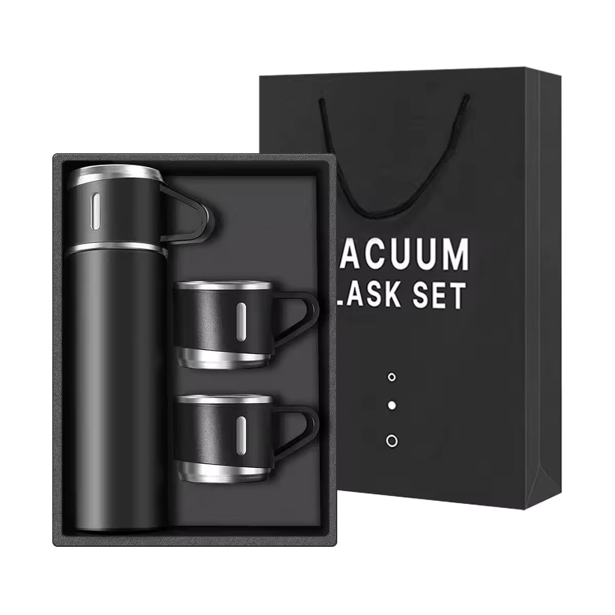 Set termos negru 500ml cu 3 cești – pachet cadou elegant