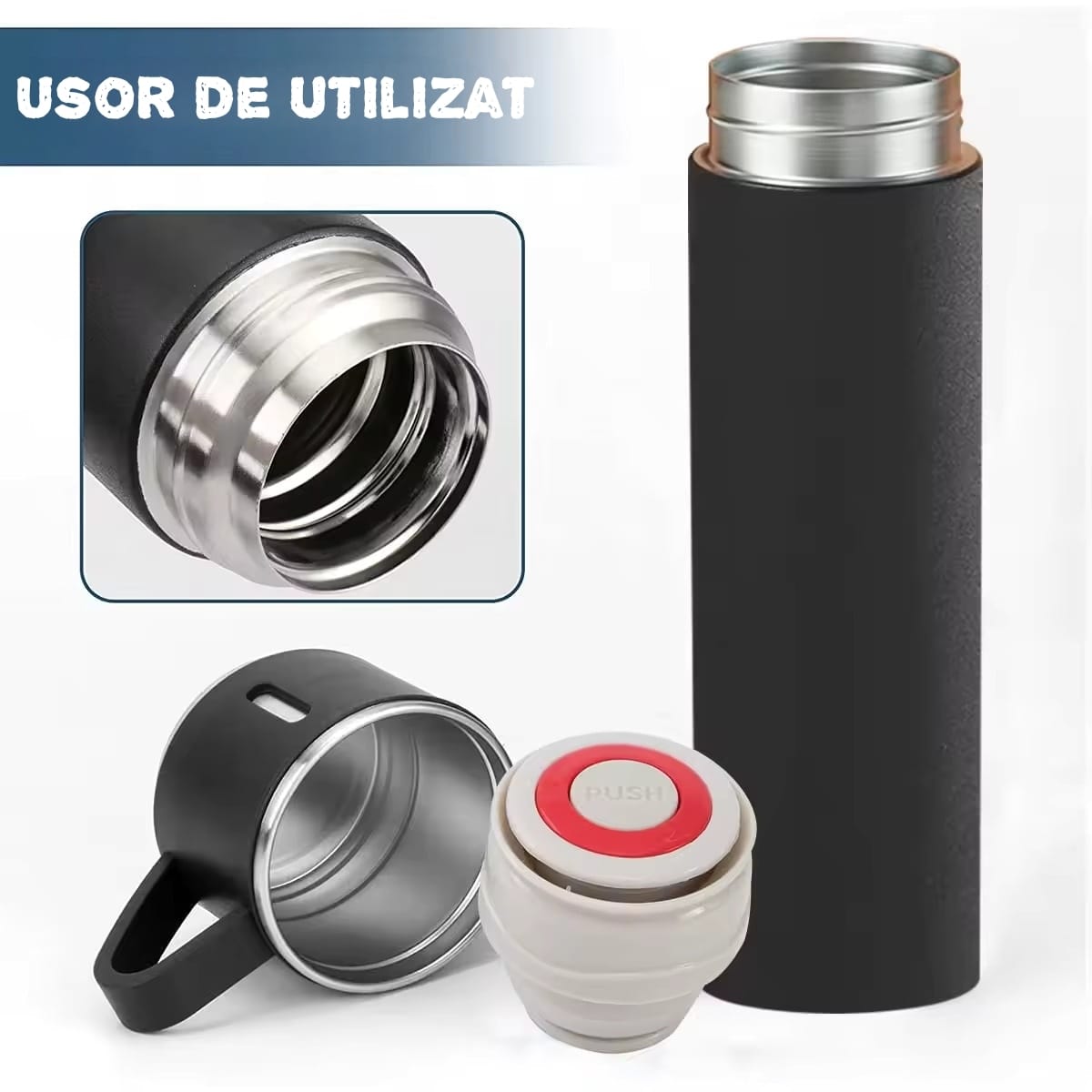 Interior termos din oțel inoxidabil cu deschidere largă, ideal pentru cuburi de gheață