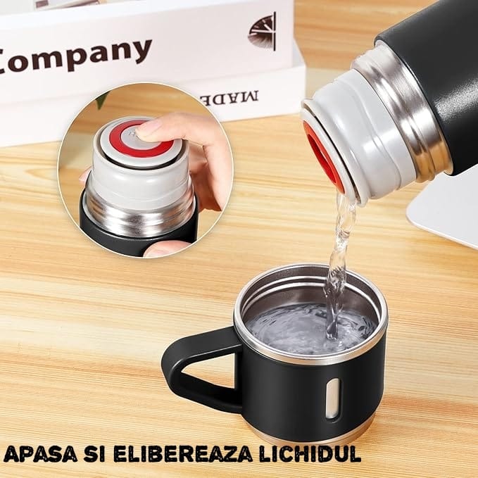 Utilizare termos negru premium pentru cafea, ceai, suc sau bere - versatil pentru orice băutură