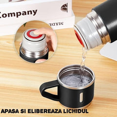 Utilizare termos negru premium pentru cafea, ceai, suc sau bere - versatil pentru orice băutură