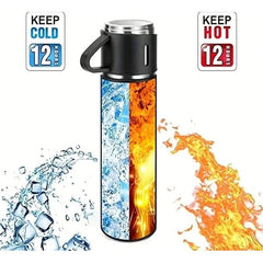 Set termos și cești negre din inox, accesorii premium pentru servirea băuturilor fierbinți și reci