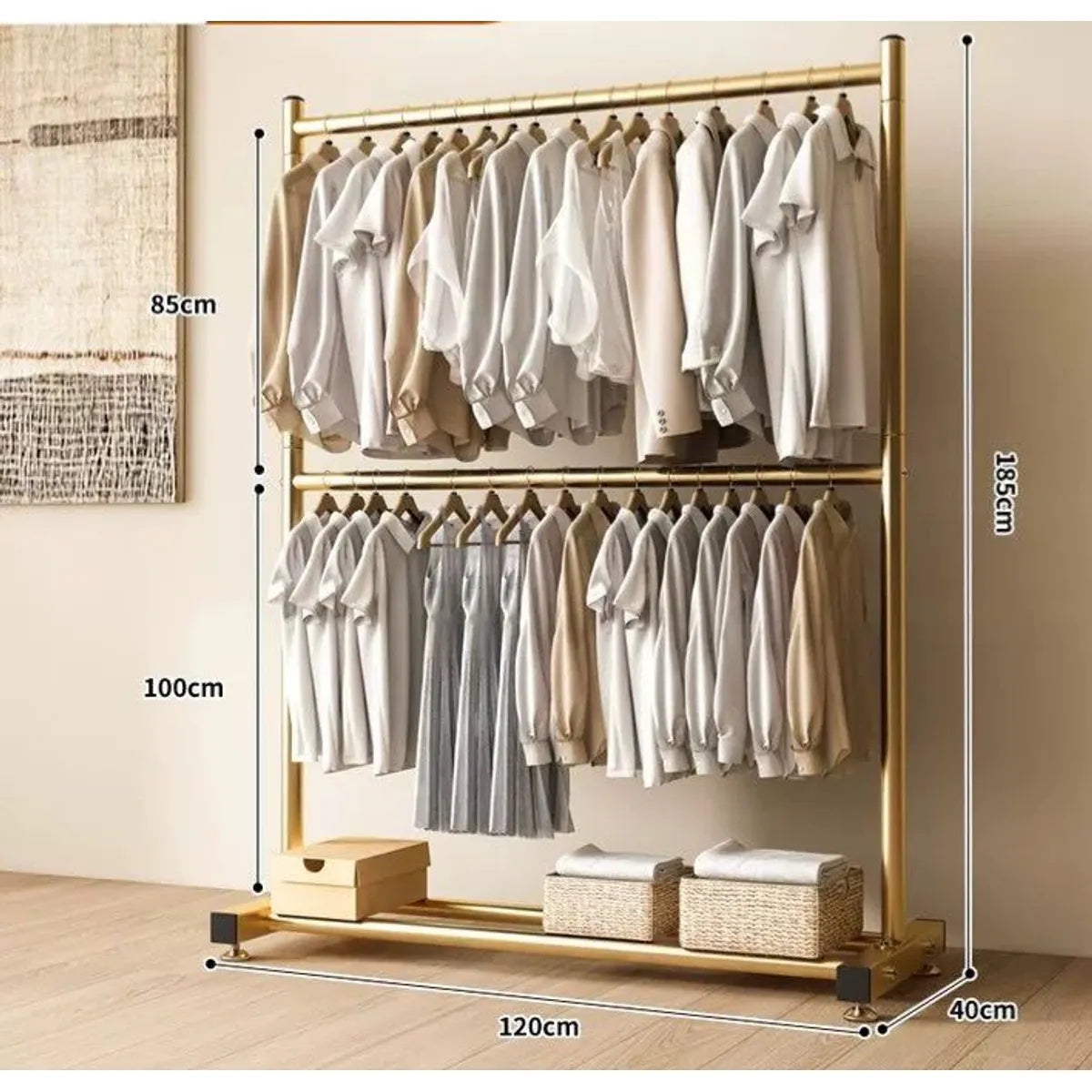 Suport haine metalic 2 niveluri, tub gros, auriu, 80x30x150 cm - imagine 2
