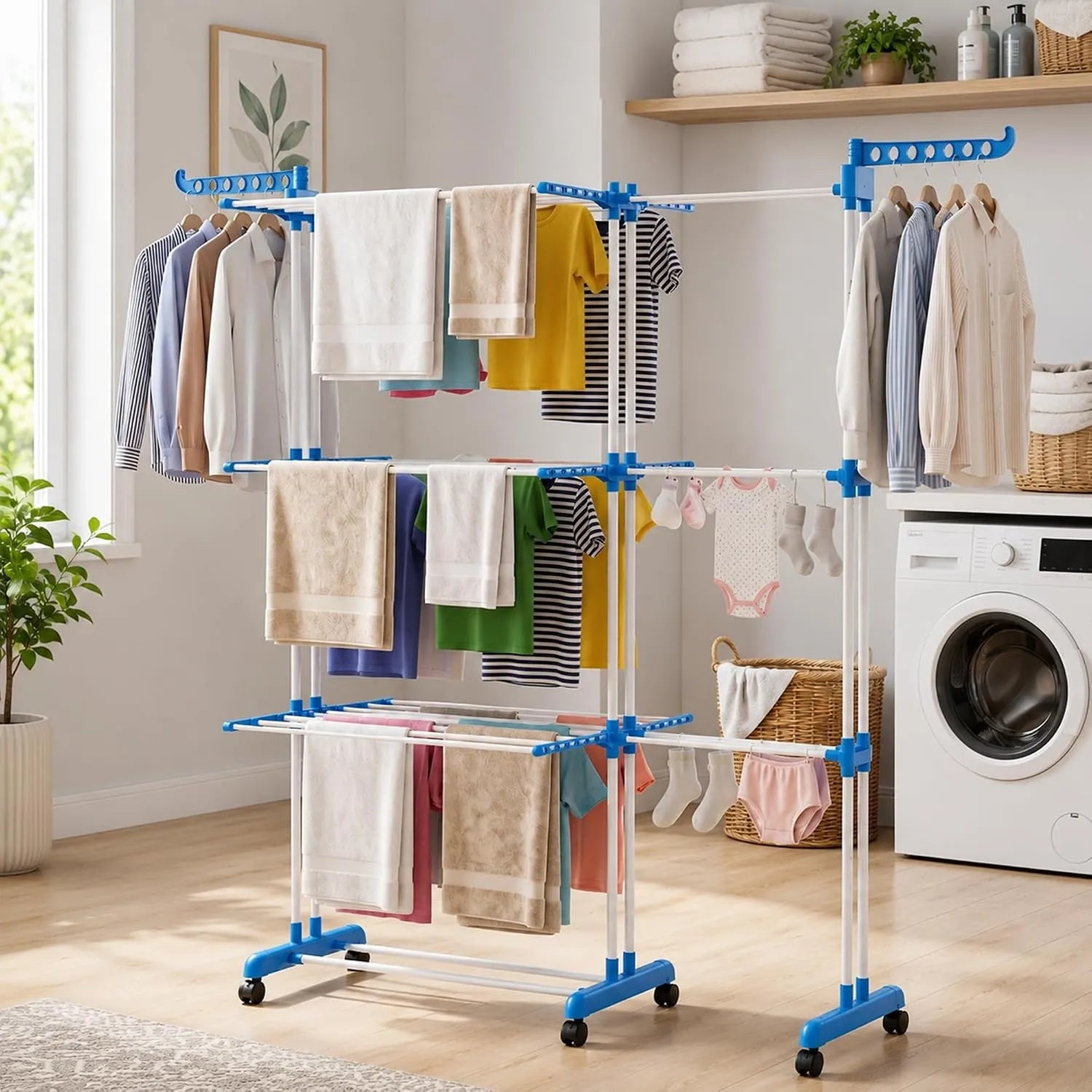 Uscător Rufe Vertical Dublu Pliabil, Anti-Rugină, Albastru, 170 cm